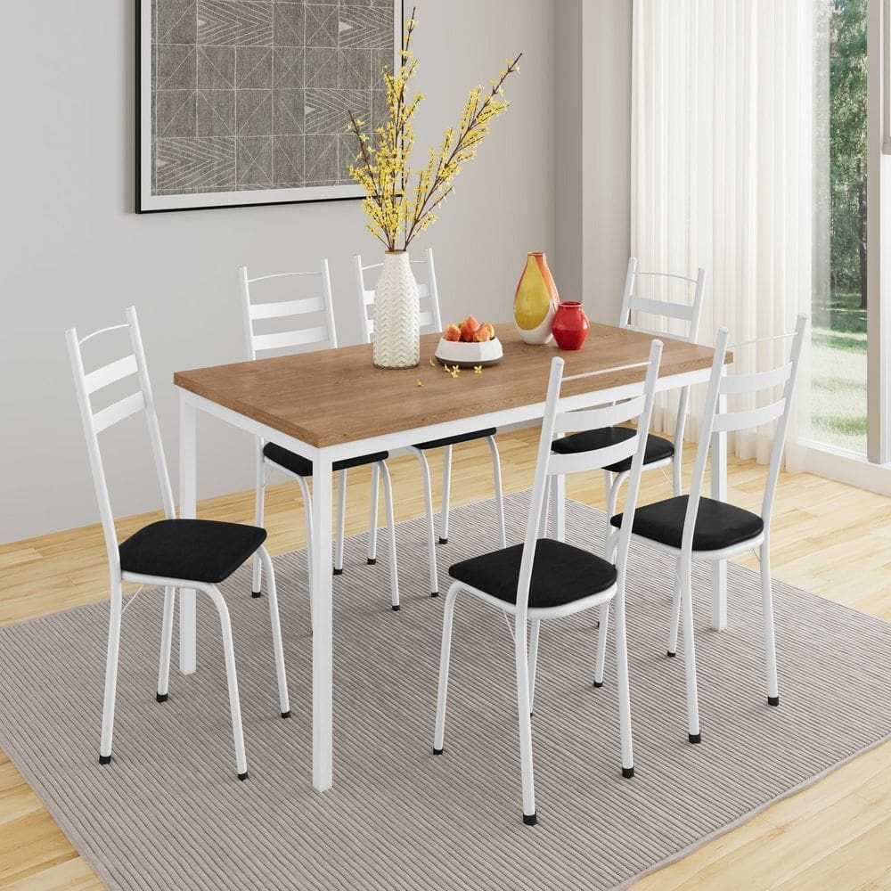 Conjunto de Mesa com 6 Cadeiras Adriana Branco/ Preto