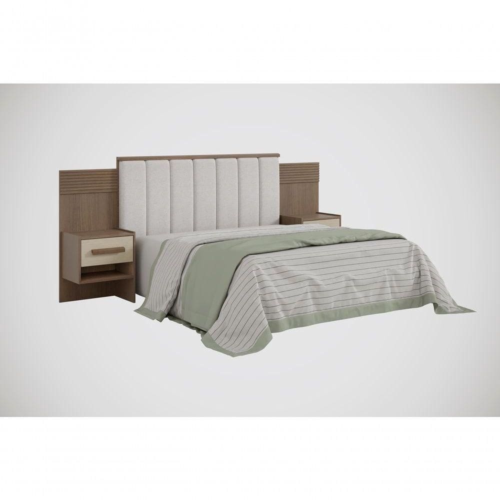 Cabeceira Para Cama De Casal Ripada Irís Estofada Com 2 Mesas De Cabeceira D` Doro Castanho/linho/ripado