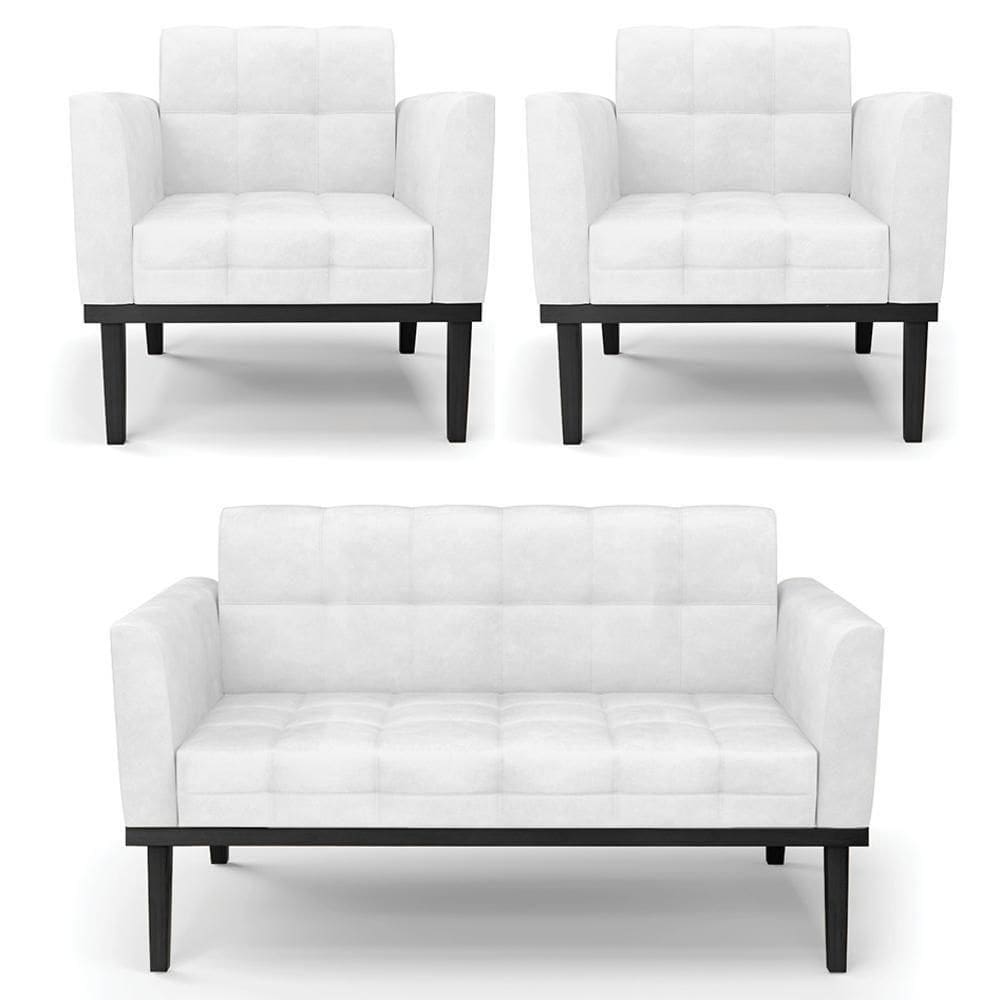 Sofá Namoradeira E 2 Poltronas Base Madeira Preto Ana Sintético Pu Branco - Ibiza