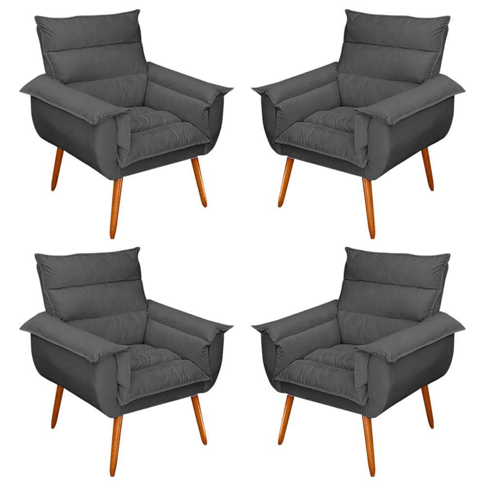 Kit 04 Poltronas Decorativas Modernas Sala e Recepção Monza Pés Palito Suede Cinza - Abmaza