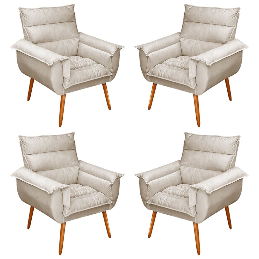 Kit 04 Poltronas Decorativas Modernas Sala e Recepção Monza Pés Palito Suede Bege - Abmaza