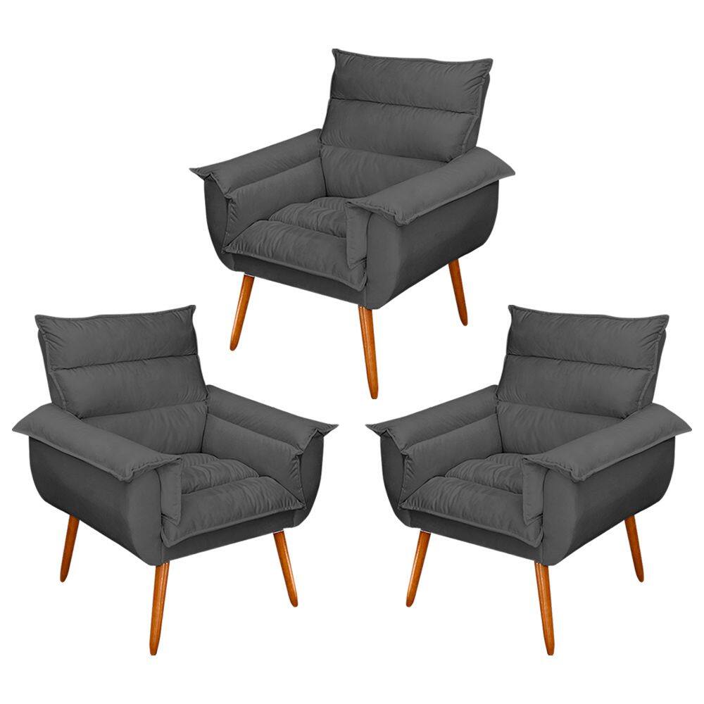Kit 03 Poltronas Decorativas Modernas Sala e Recepção Monza Pés Palito Veludo Cinza - Abmaza
