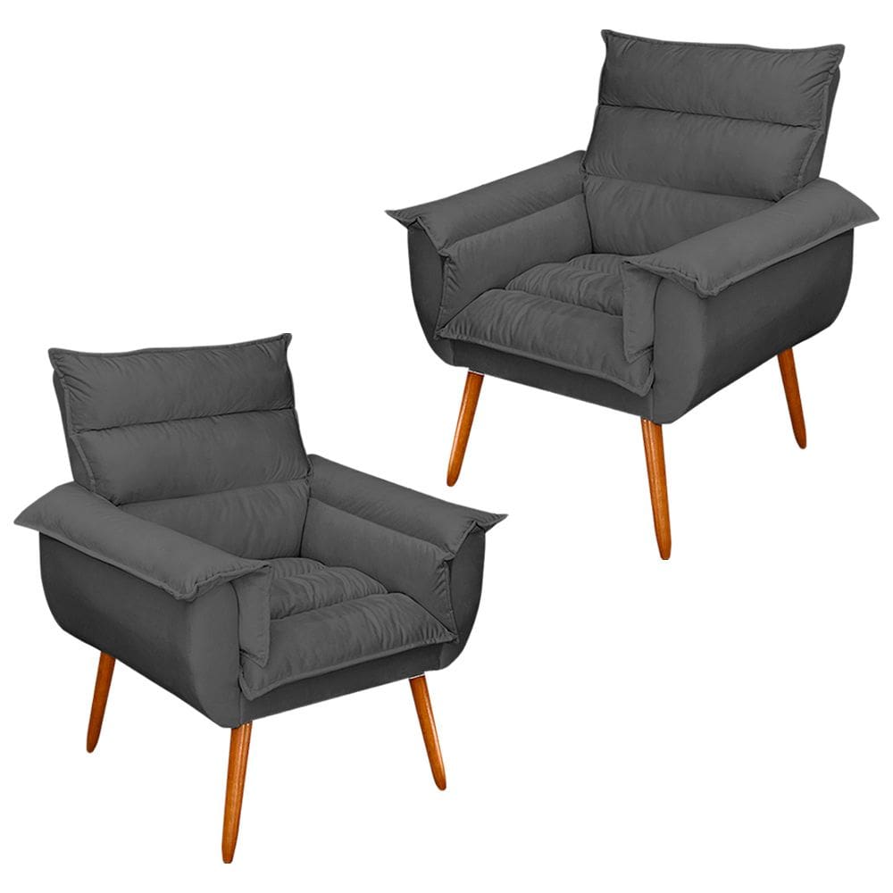 Kit 02 Poltronas Decorativas Modernas Sala e Recepção Monza Pés Palito Suede Cinza - Abmaza