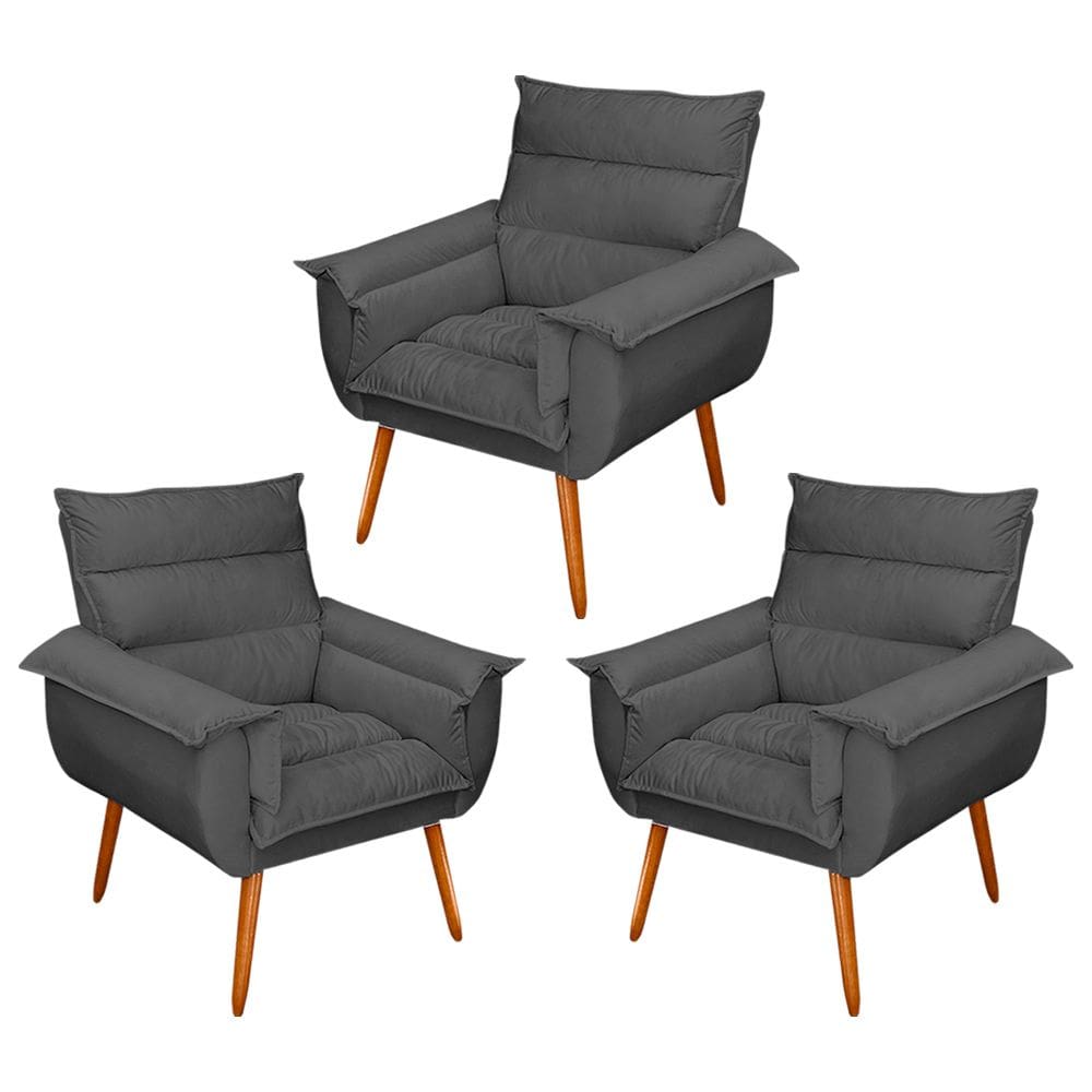 Kit 03 Poltronas Decorativas Modernas Sala e Recepção Monza Pés Palito Suede Cinza - Abmaza