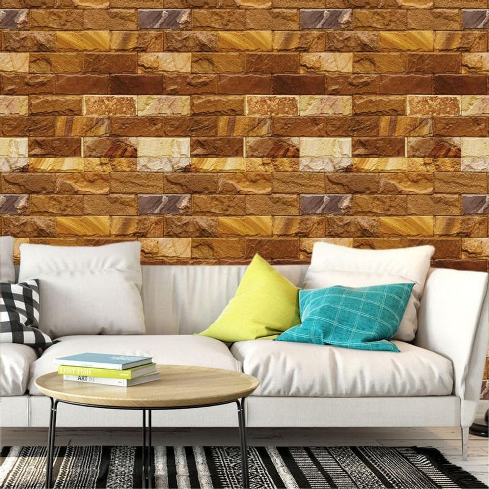 Papel Parede Pedra Tijolos Vermelho E Amarelo Autocolante