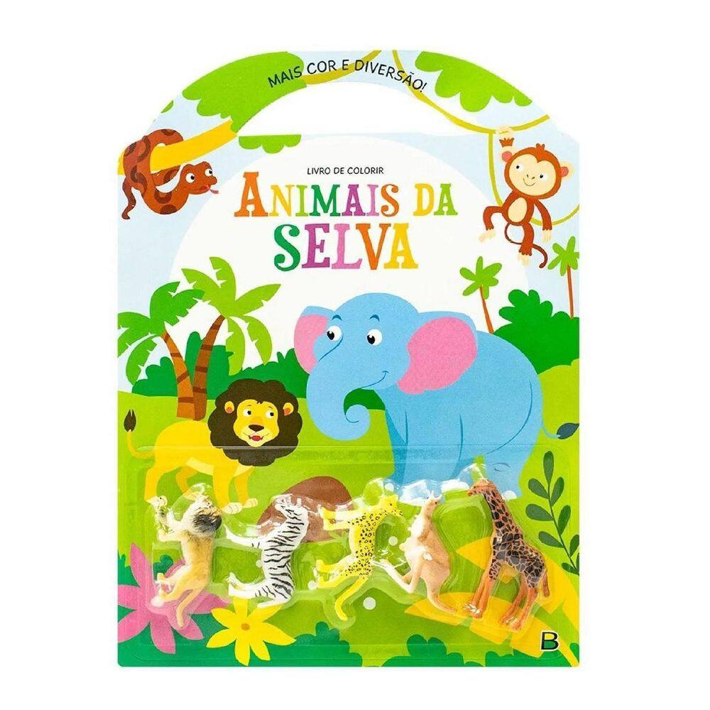 Livro De Colorir Infantil+Lápis De Cor+5 Mini Animais Selva