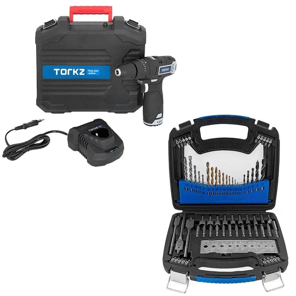 Furadeira Parafusadeira Profissional TRB0014 e Jogo de Bits e Brocas Torkz TRK0007, 128 Peças