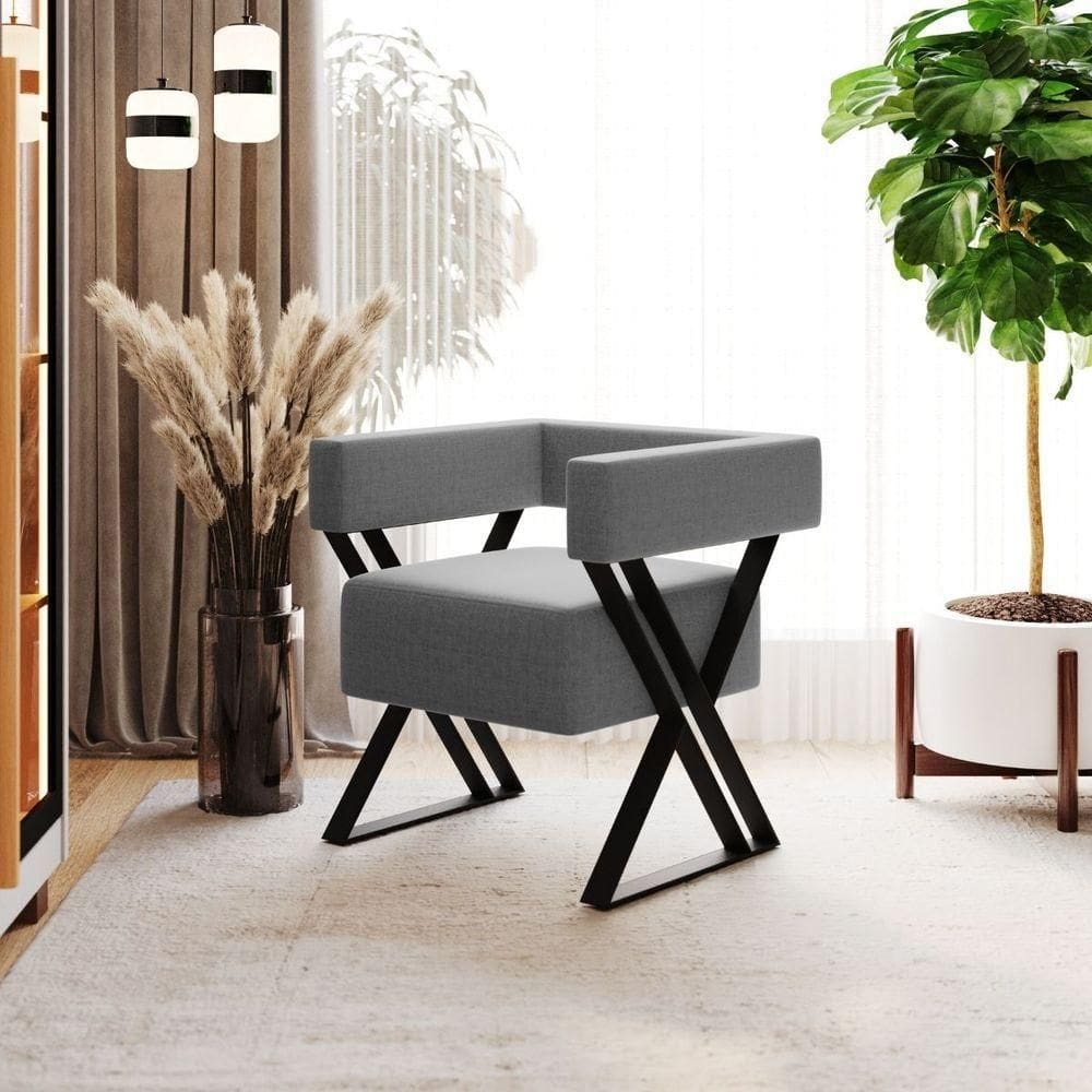 Poltrona Decorativa Linha Alta Dunas Estilo Industrial Linho Cinza