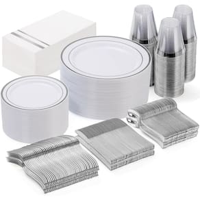 Conjunto de pratos de plástico descartáveis GATHER branco/prata de 350 unidades