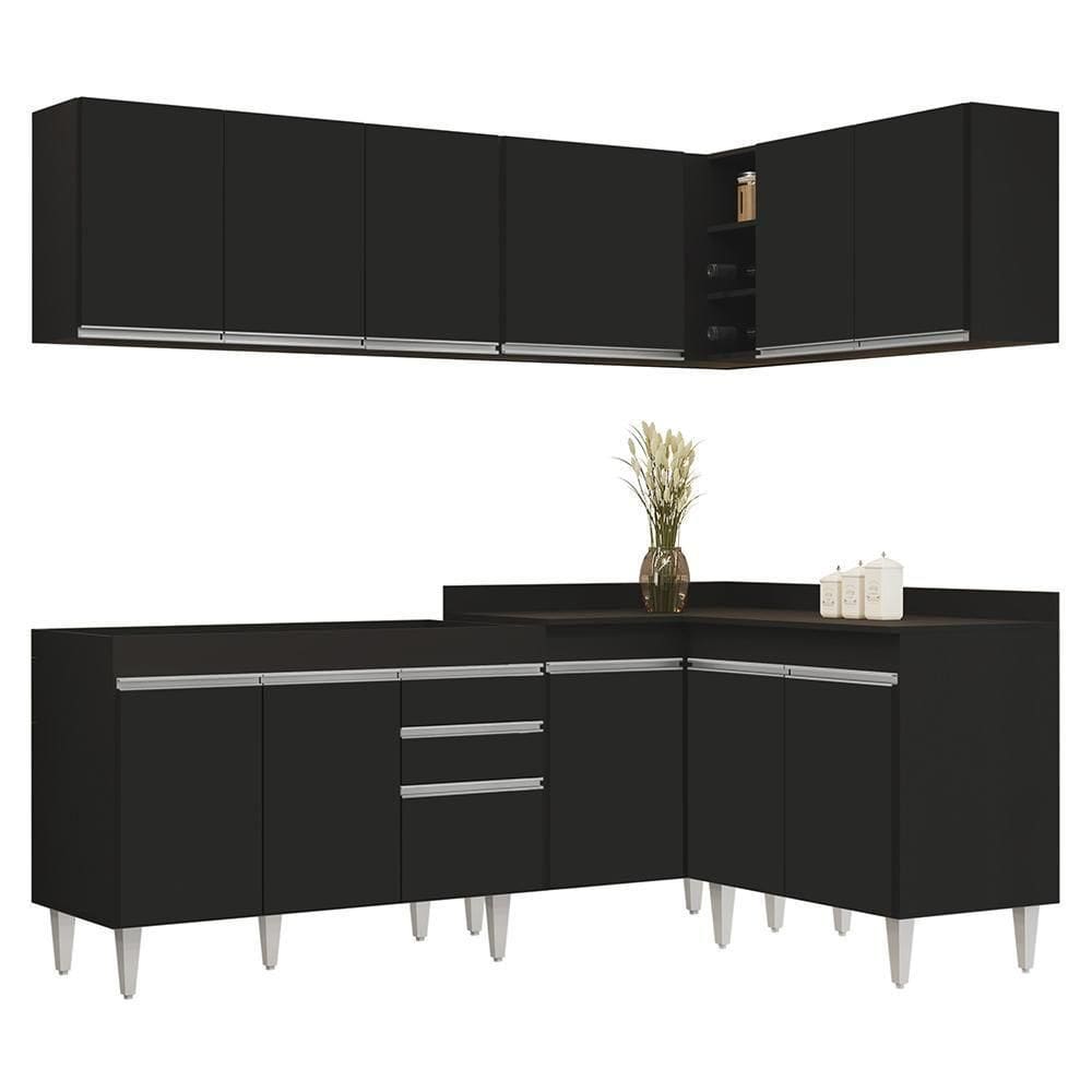 Armário De Cozinha Modulado De Canto 6 Peças Cp28 Balcão Sem Tampo Preto - Lumil