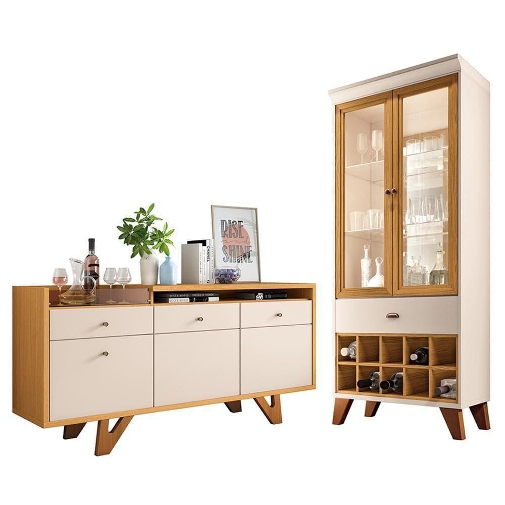 Sala De Jantar Com Cristaleira ópera E Buffet Aparador Sollare Off White-cinamomo - Hb Móveis Off White-cinamomo
