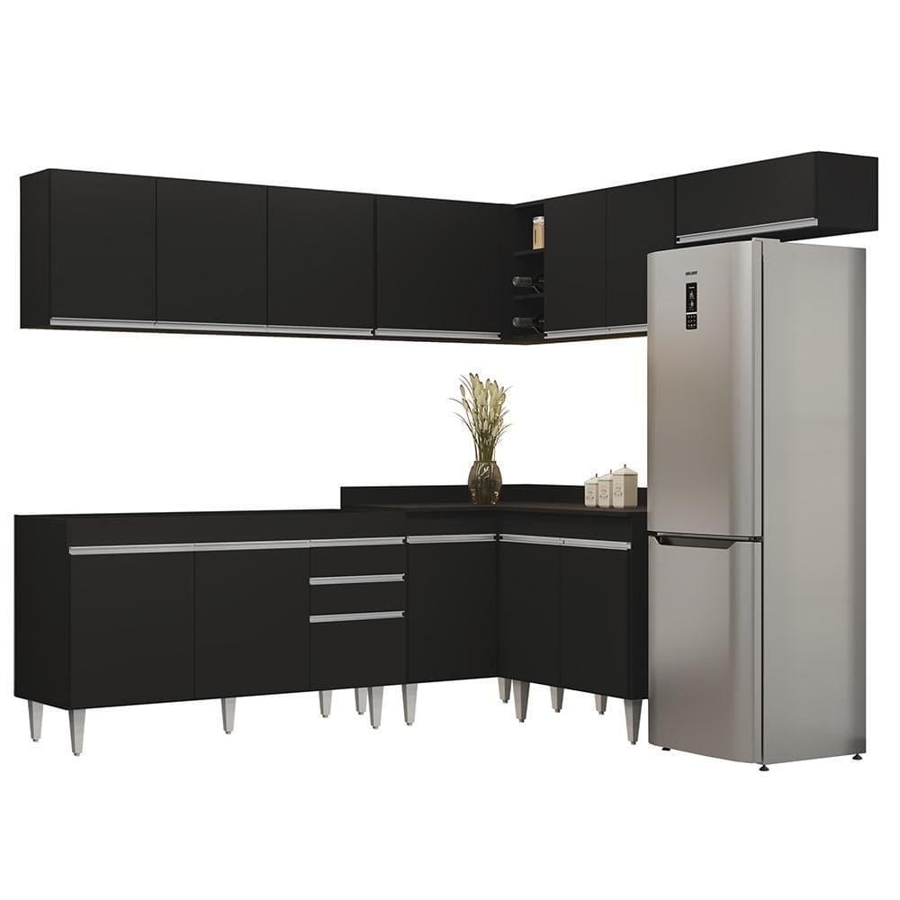 Armário De Cozinha Modulado De Canto 7 Peças Cp22 Balcão Sem Tampo Preto - Lumil