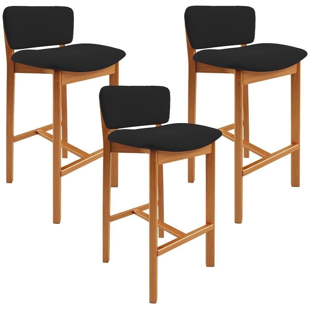 Kit 03 Banquetas Alta Para Cozinha Sala De Jantar Bar Dara L02 Suede Preto - Lyam Decor