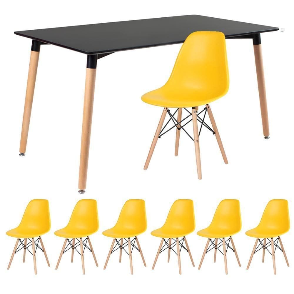 Kit - Mesa Retangular Eames 80 X 140 Cm Preto + 6 Cadeiras Dsw Amarelo Mesa Preto Com Cadeiras Amarelo