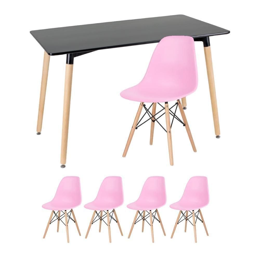 Kit - Mesa Retangular Eames 60 X 120 Cm + 4 Cadeiras Dsw Mesa Preto Com Cadeiras Rosa Mesa Preto Com Cadeiras Rosa