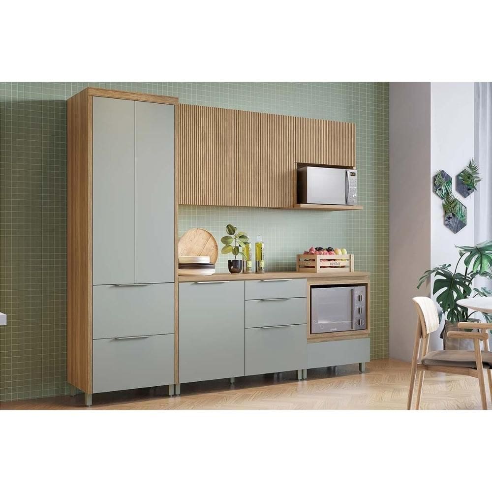 Cozinha Modulada Nesher Rainha e Marquesa 5 Peças (2Aéreos+2Balcões+1Paneleiro) C5P111 Nature/Verde-Nesher