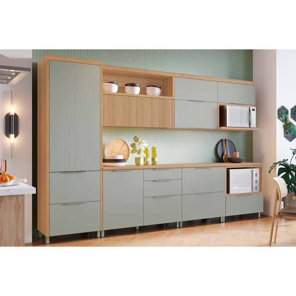 Cozinha Modulada Nesher Marquesa 7 Peças (3Aéreos+3Balcões+1Paneleiro) C6P87 Nature/Verde-Nesher