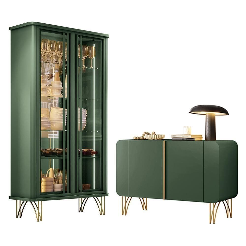 Sala De Jantar Com Cristaleira évora E Balcão Buffet Bevenuto Verde Pistache - Hb Móveis Verde Pistache