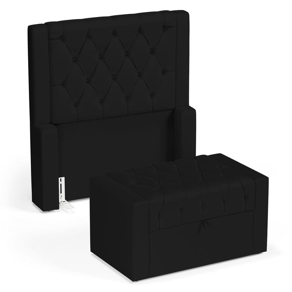 Cabeceira e Calçadeira Báu Solteiro Atena 90cm Capitonê Sintético Preto - Abmaza