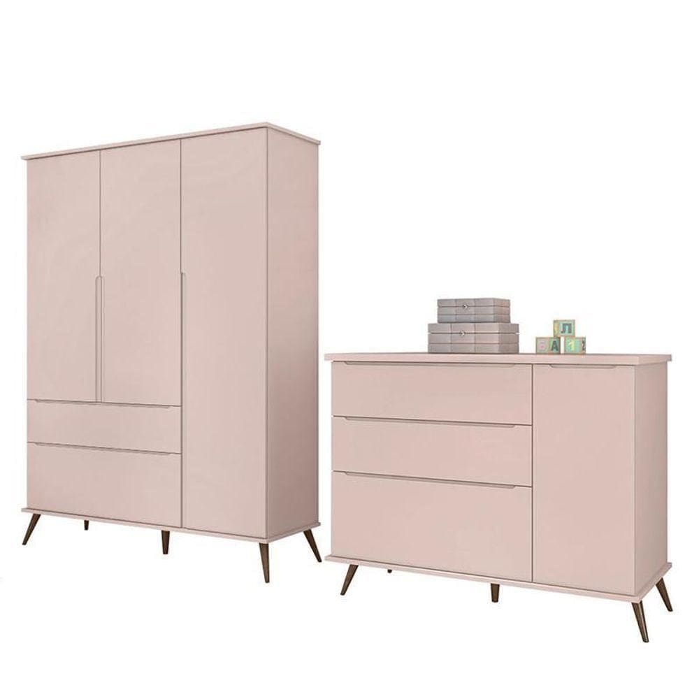 Jogo De Quarto Infantil Retrô Alice Guarda Roupa E Cômoda Com Porta Rosê - Pr Baby Rosê