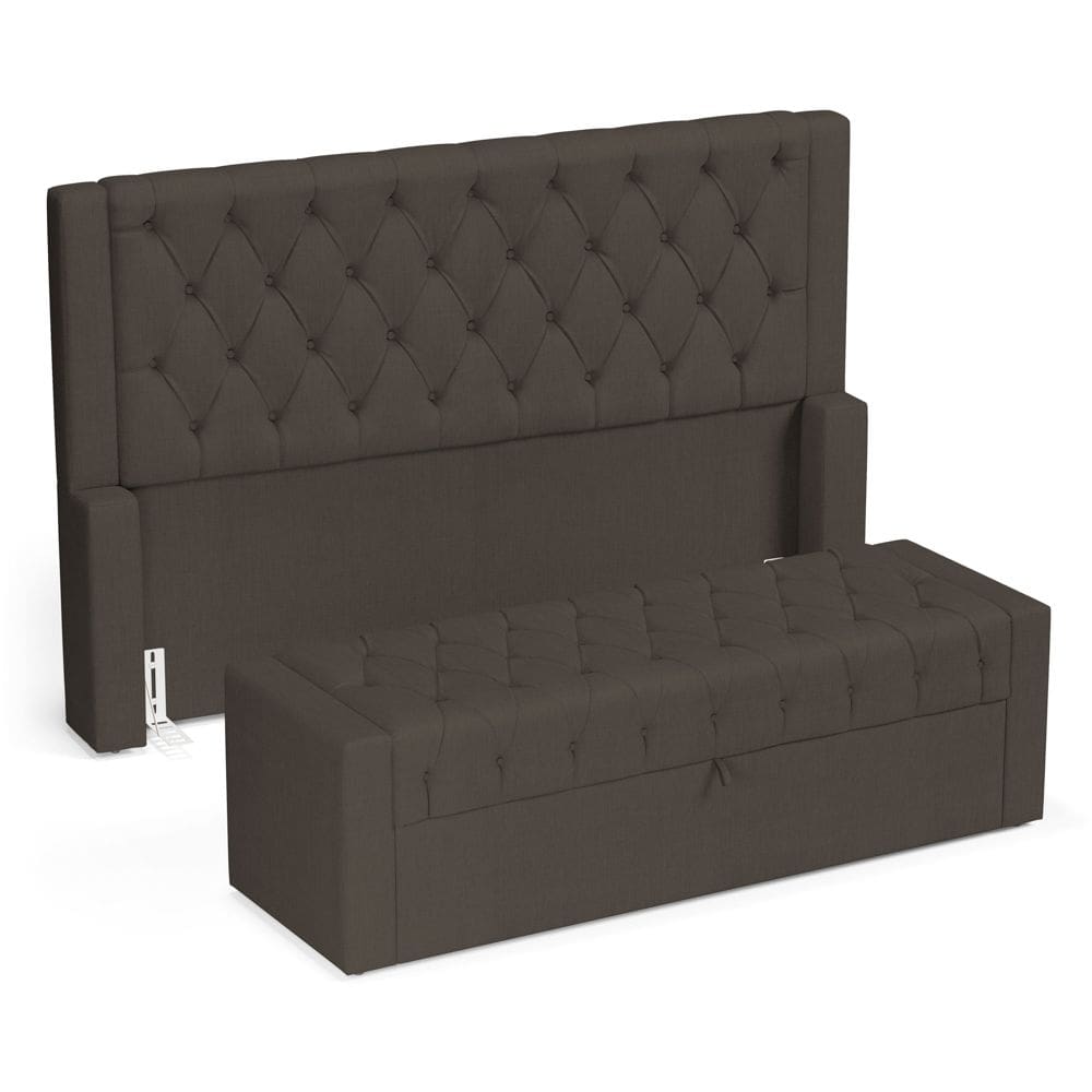 Cabeceira e Calçadeira Báu Queen Size Atena 160cm Capitonê Linho Cacau - Abmaza