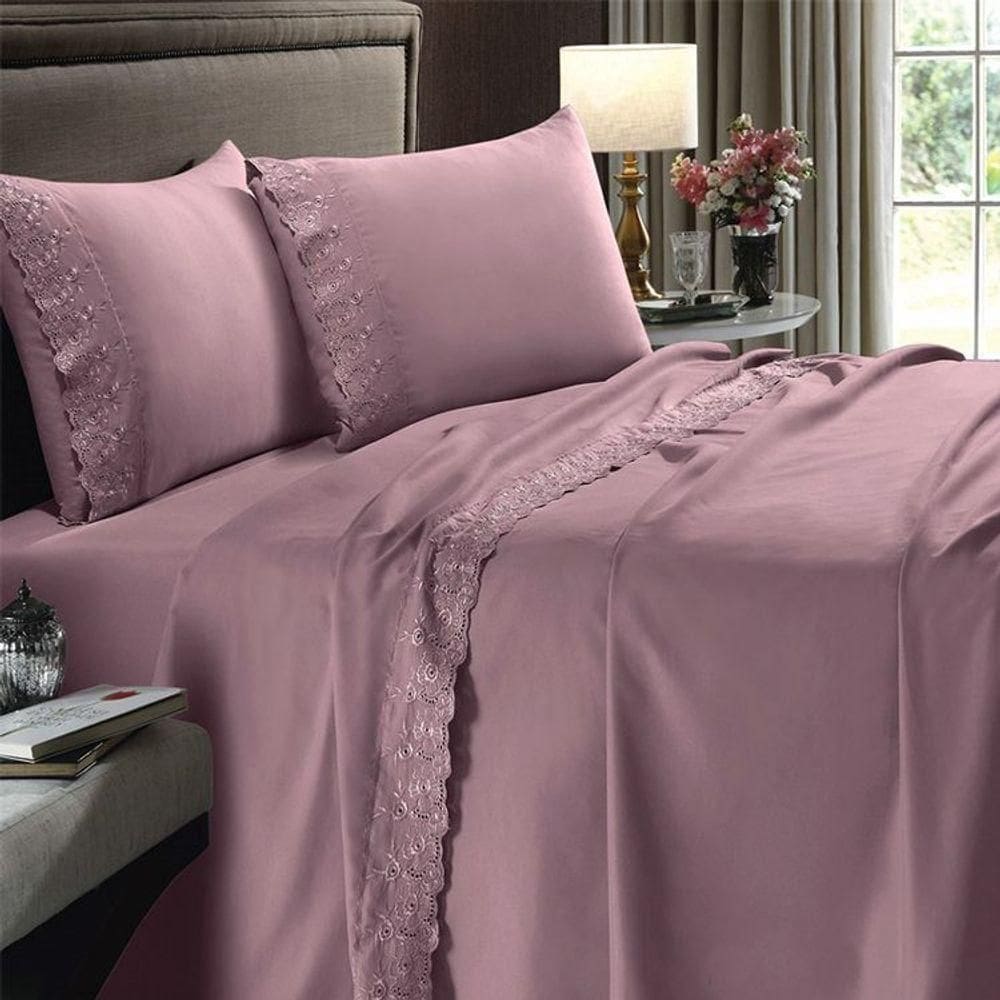 Jogo De Cama Buettner King 4 Pçs Sonata Com Aplicação De Renda Rosa