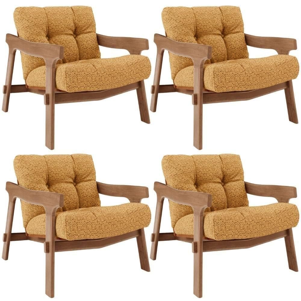 Kit 04 Poltronas Decorativa Fixa Para Sala Living Ikary L02 Canela Bouclê Mostarda - Lyam Decor