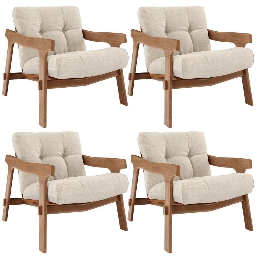Kit 04 Poltronas Decorativa Fixa Para Sala Living Ikary L02 Canela Linho Palha - Lyam Decor