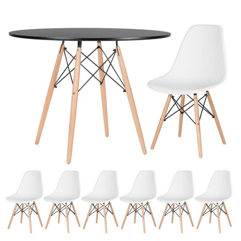 Kit - Mesa Eames 100 Cm Preto + 6 Cadeiras Eames Dsw Branco Mesa Preto Com Cadeiras Branco