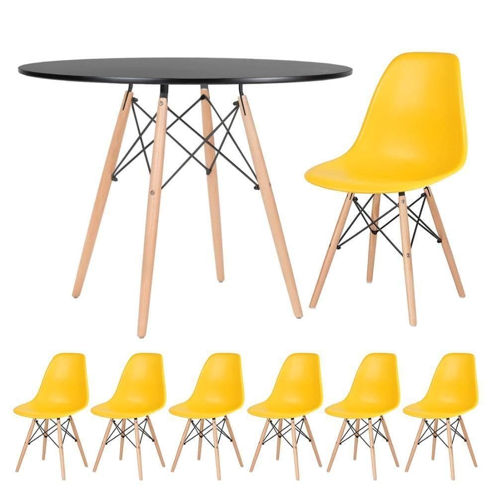 Kit - Mesa Eames 100 Cm Preto + 6 Cadeiras Eames Dsw Amarelo Mesa Preto Com Cadeiras Amarelo