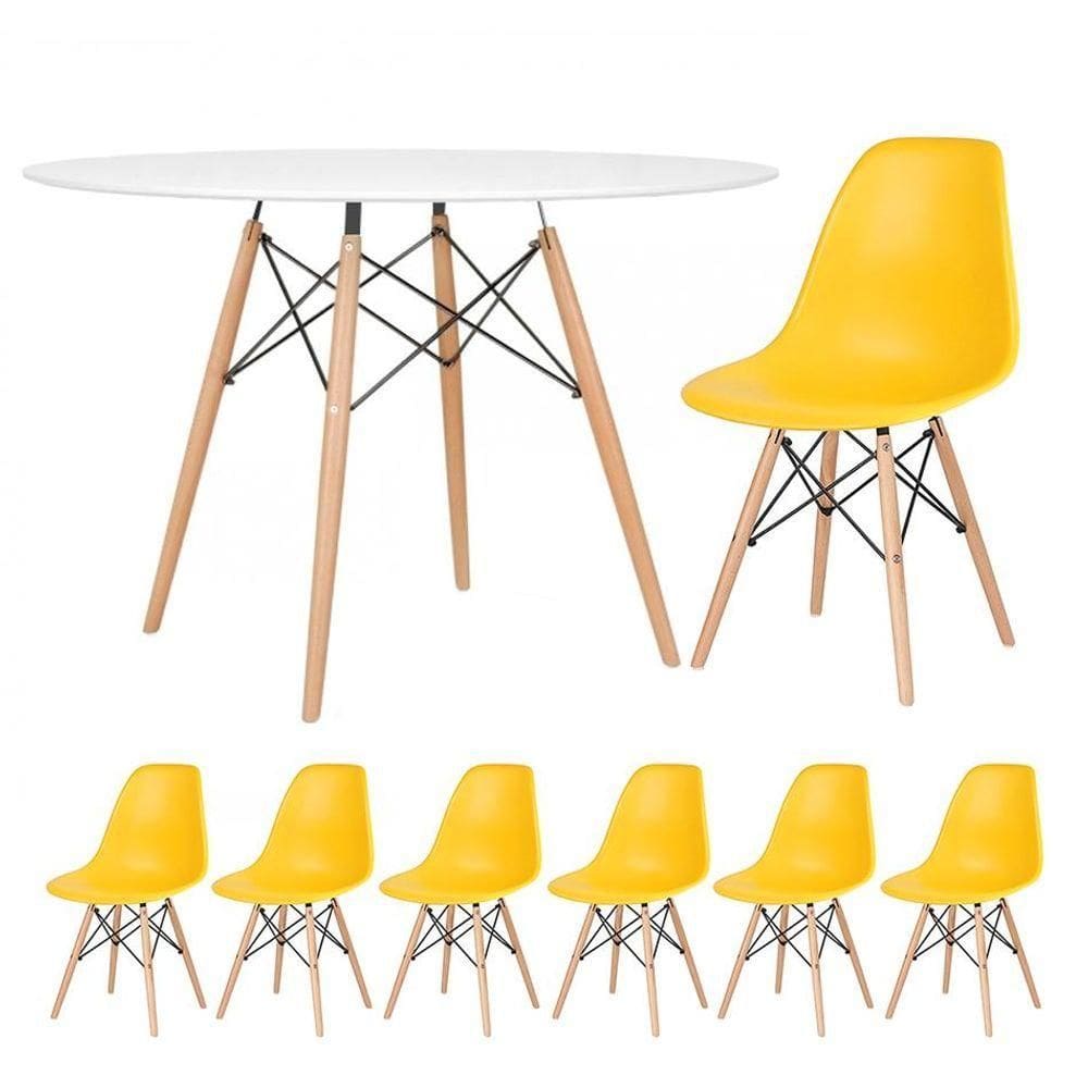 Kit - Mesa Eames 120 Cm Branco + 6 Cadeiras Eames Dsw Amarelo Mesa Branco Com Cadeiras Amarelo