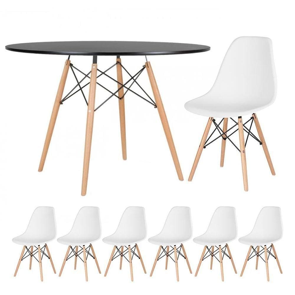 Kit - Mesa Eames 120 Cm Preto + 6 Cadeiras Eames Dsw Branco Mesa Preto Com Cadeiras Branco