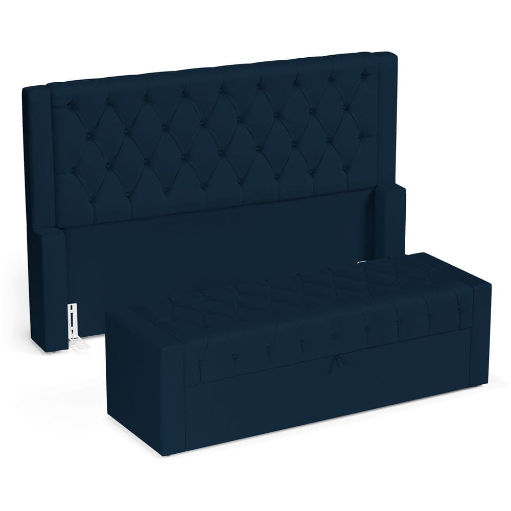 Cabeceira e Calçadeira Báu King Size Atena 195cm Capitonê Veludo Azul Marinho - Abmaza