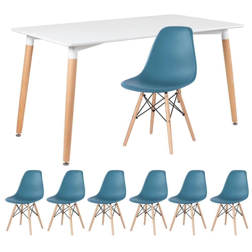 Kit - Mesa Retangular Eames 80 X 140 Cm Branco + 6 Cadeiras Dsw Turquesa Mesa Branco Com Cadeiras Turquesa