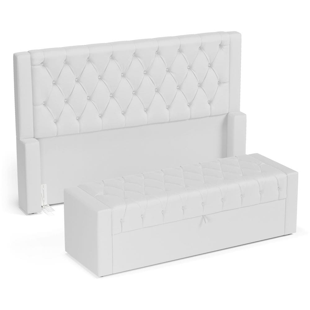 Cabeceira e Calçadeira Báu King Size Atena 195cm Capitonê Sintético Branco - Abmaza