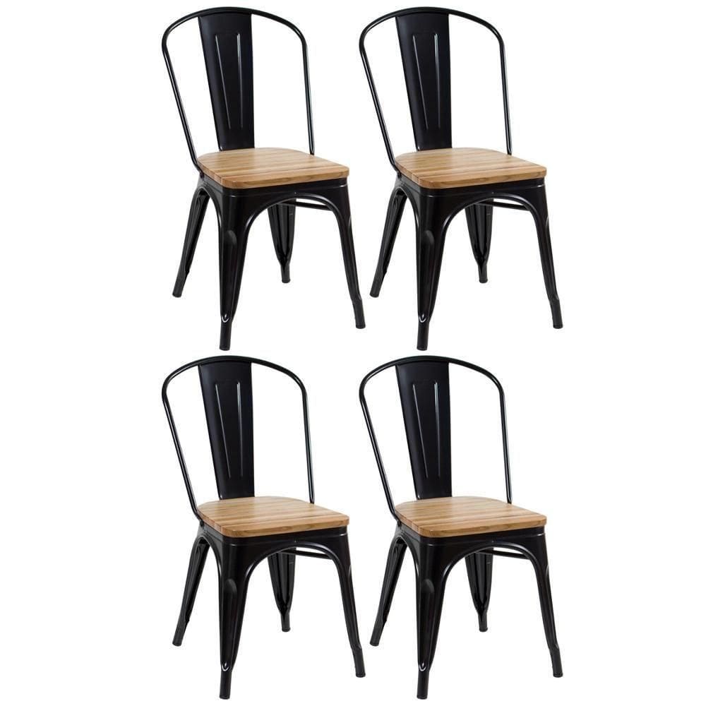Kit 4 Cadeiras Iron Tolix Com Assento De Madeira Industrial Jantar Cozinha Preto Preto