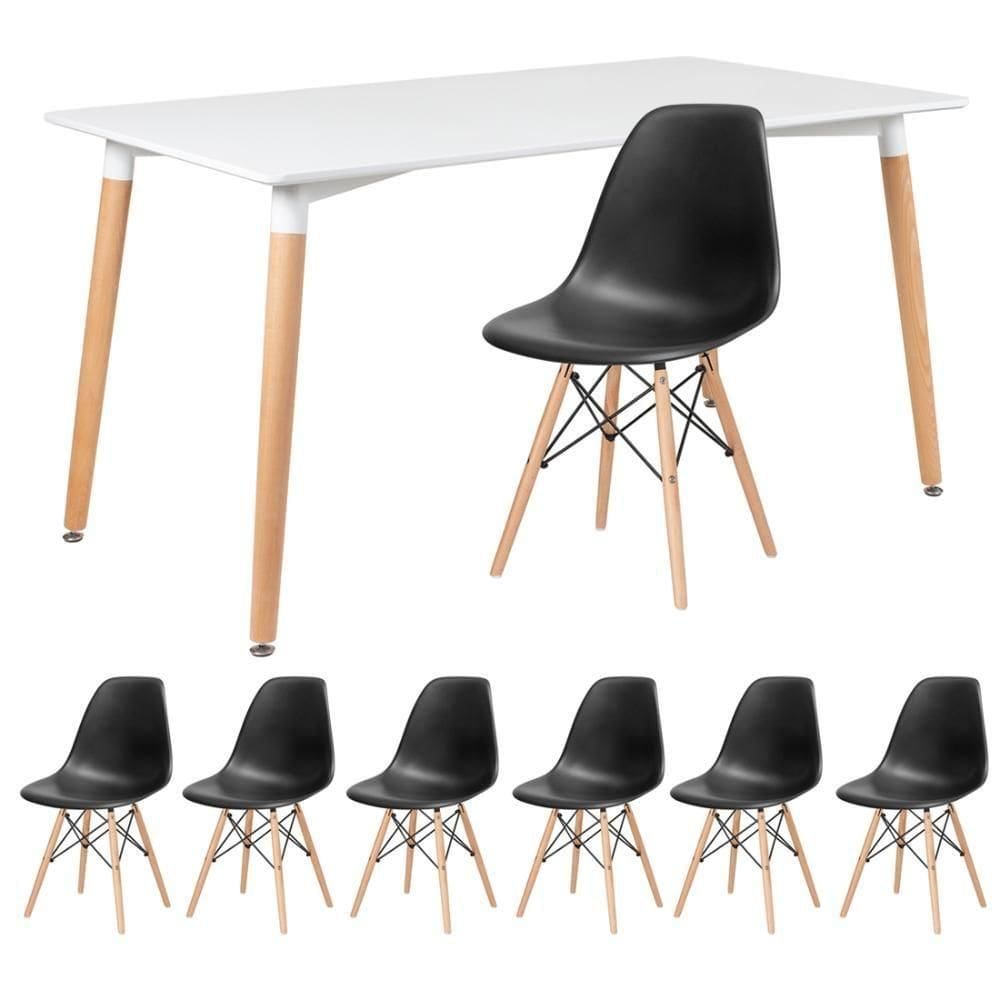 Kit - Mesa Retangular Eames 80 X 140 Cm Branco + 6 Cadeiras Dsw Preto Mesa Branco Com Cadeiras Preto