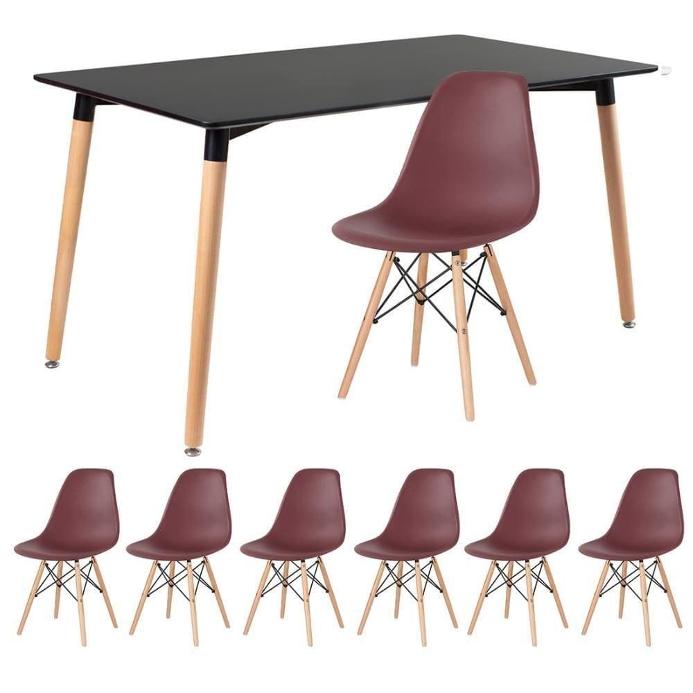 Kit - Mesa Retangular Eames 80 X 140 Cm Preto + 6 Cadeiras Dsw Marrom Mesa Preto Com Cadeiras Marrom