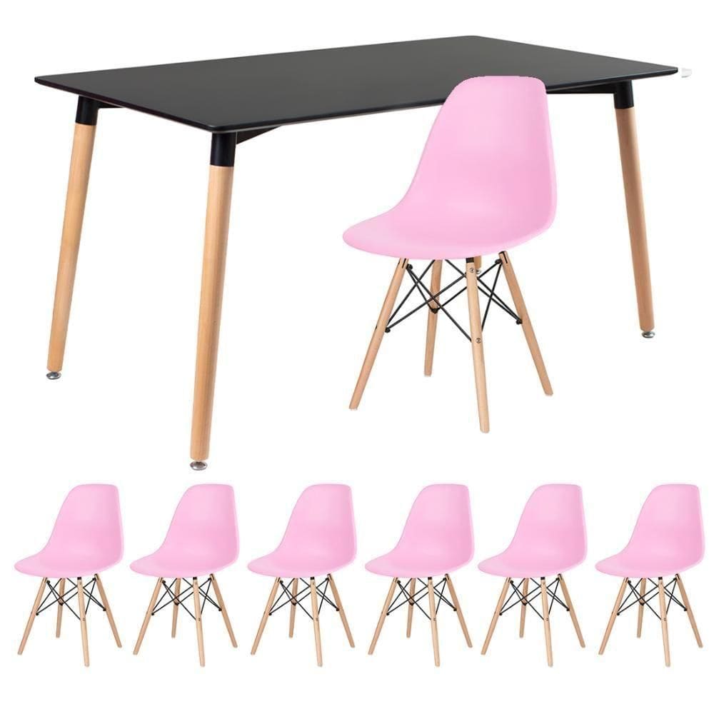 Kit - Mesa Retangular Eames 80 X 140 Cm Preto + 6 Cadeiras Dsw Rosa Claro Mesa Preto Com Cadeiras Rosa