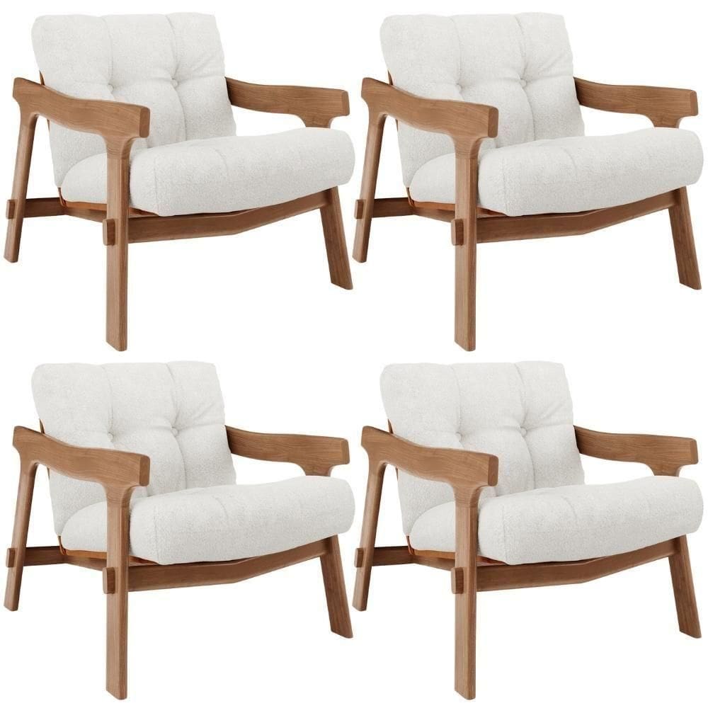 Kit 04 Poltronas Decorativa Fixa Para Sala Living Ikary L02 Canela Bouclê Branco - Lyam Decor