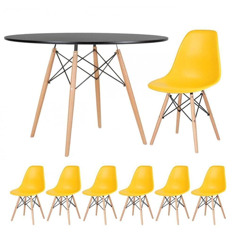 Kit - Mesa Eames 120 Cm Preto + 6 Cadeiras Eames Dsw Amarelo Mesa Preto Com Cadeiras Amarelo