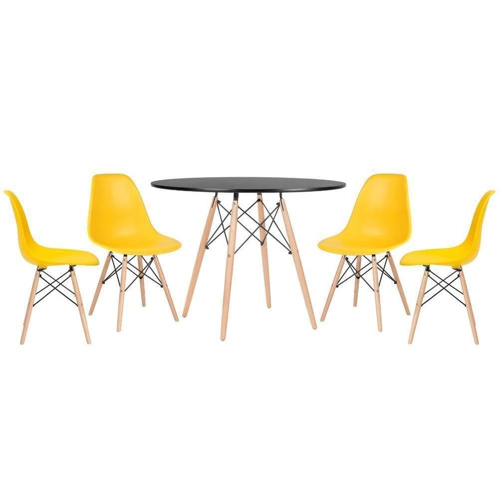 Kit - Mesa Eames 100 Cm Preto + 4 Cadeiras Eames Dsw Amarelo Mesa Preto Com Cadeiras Amarelo