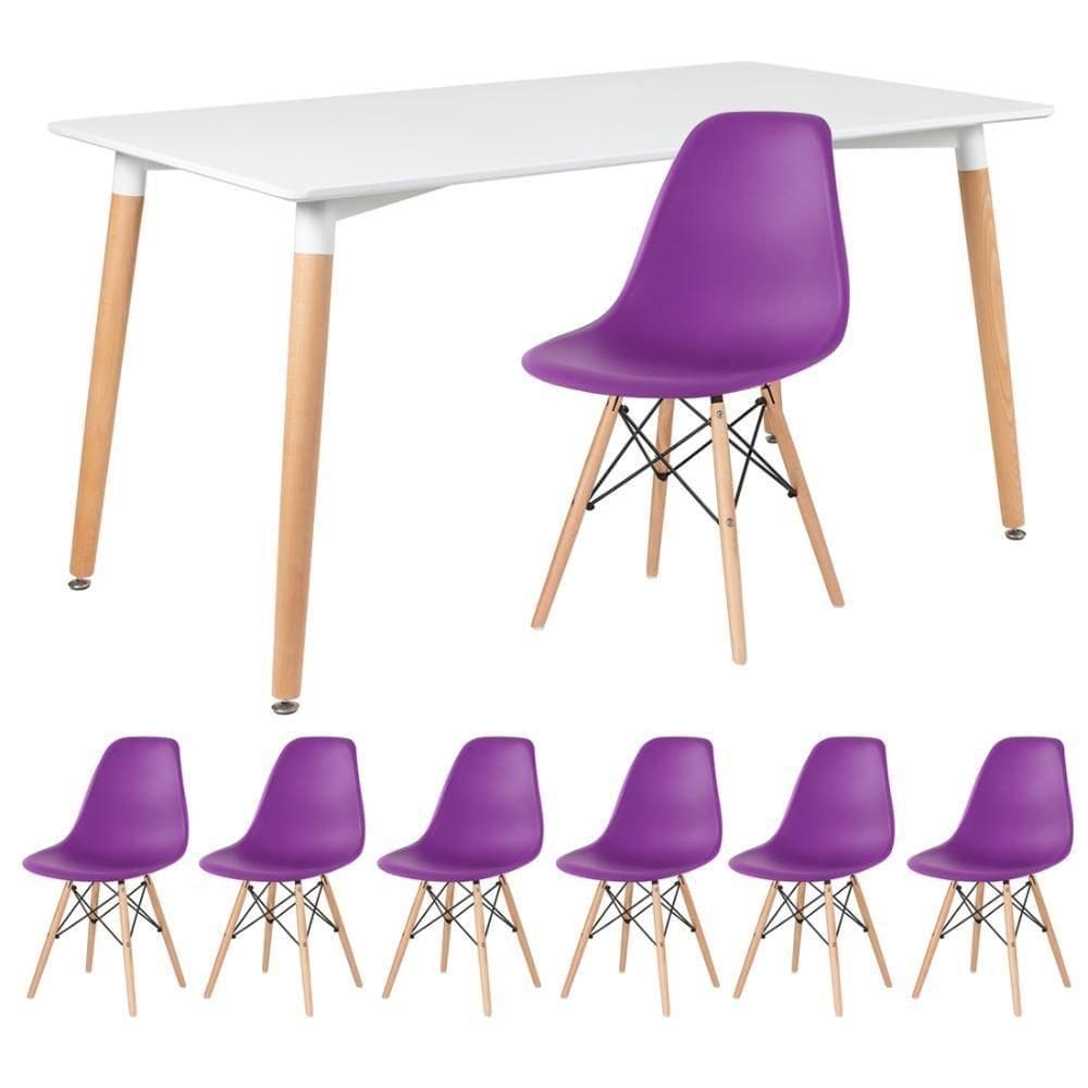 Kit - Mesa Retangular Eames 80 X 140 Cm Branco + 6 Cadeiras Dsw Roxo Mesa Branco Com Cadeiras Roxo