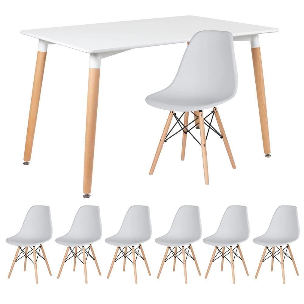 Kit - Mesa Retangular Eames 80 X 120 Cm Branco + 6 Cadeiras Dsw Cinza Claro Mesa Branco Com Cadeiras Cinza Claro