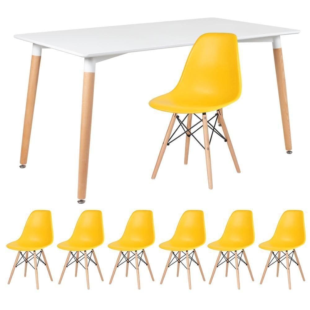 Kit - Mesa Retangular Eames 80 X 140 Cm Branco + 6 Cadeiras Dsw Amarelo Mesa Branco Com Cadeiras Amarelo