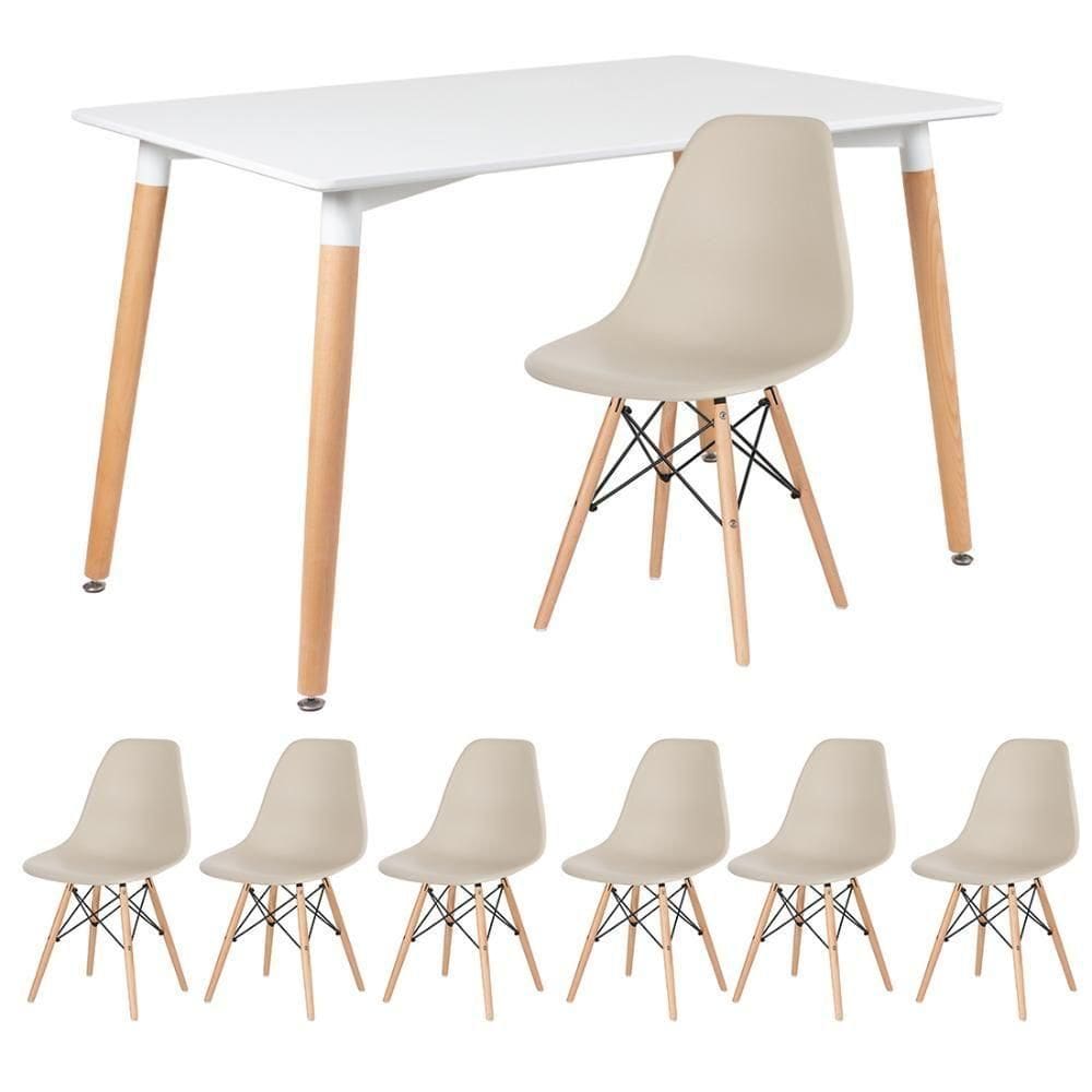 Kit - Mesa Retangular Eames 80 X 120 Cm Branco + 6 Cadeiras Dsw Nude Mesa Branco Com Cadeiras Nude