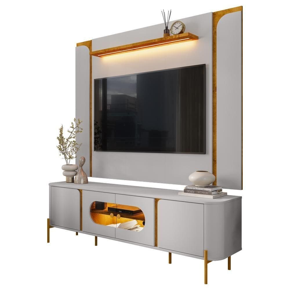 Rack Para Sala Orgânico Suy Com Painel Para 75 Pol Maresca B02 Off White Naturalle - Lyam Decor