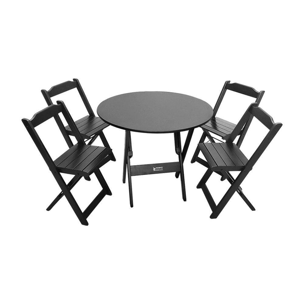 Conjunto Dobrável Mesa De Madeira 90cm Redonda Com 4 Cadeiras Preta - Tarimatã