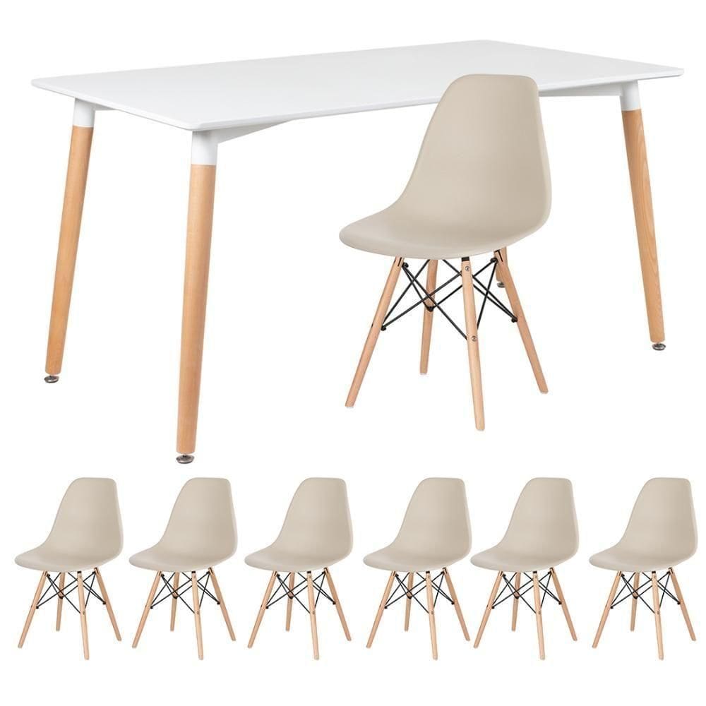 Kit - Mesa Retangular Eames 80 X 140 Cm Branco + 6 Cadeiras Dsw Nude Mesa Branco Com Cadeiras Nude