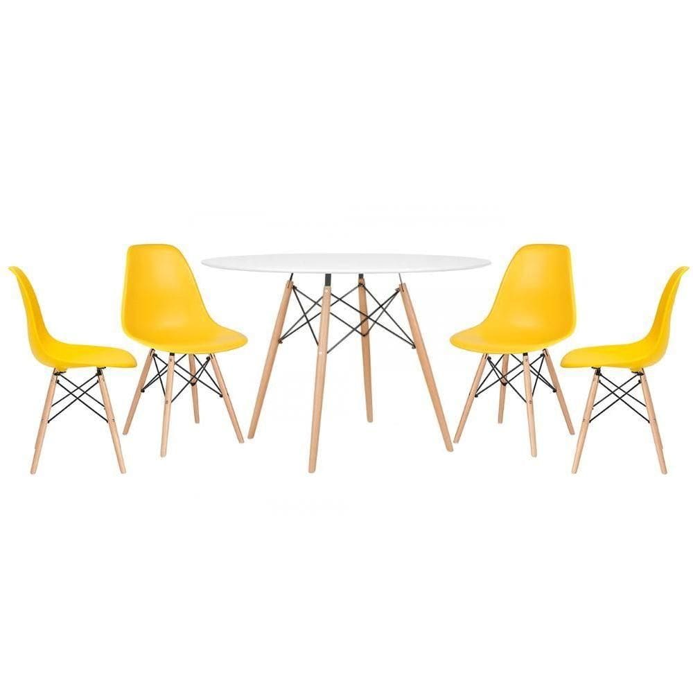 Kit - Mesa Eames 120 Cm Branco + 4 Cadeiras Eames Dsw Amarelo Mesa Branco Com Cadeiras Amarelo